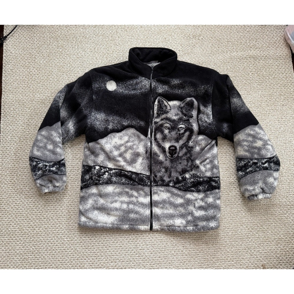 The Bear Trading Co Wolf All Over XXL Fleece Sherpa Lined Jacket 90's Vintage